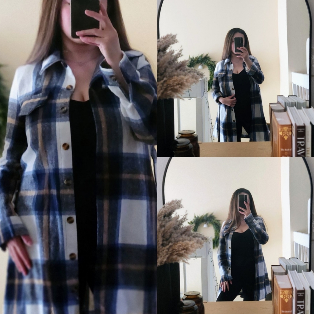 NEW! Plaid button down Belted dress/trench long sleeve navy size small